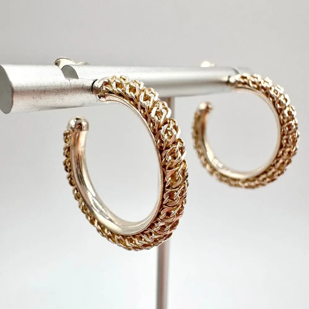 Italian 925 Sterling Silver Chain Hoop Earrings 1 1/8” Acid Tested Signed 6.86 g